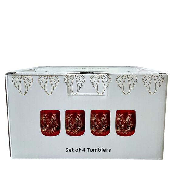 Neiman Marcus Holiday Red Gold Double Old Fashion Glass 4 Gift Box Prism Luster - Picture 3 of 16